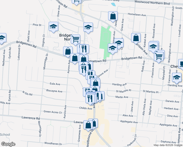 map of restaurants, bars, coffee shops, grocery stores, and more near 3751 Frondorf Avenue in Cincinnati