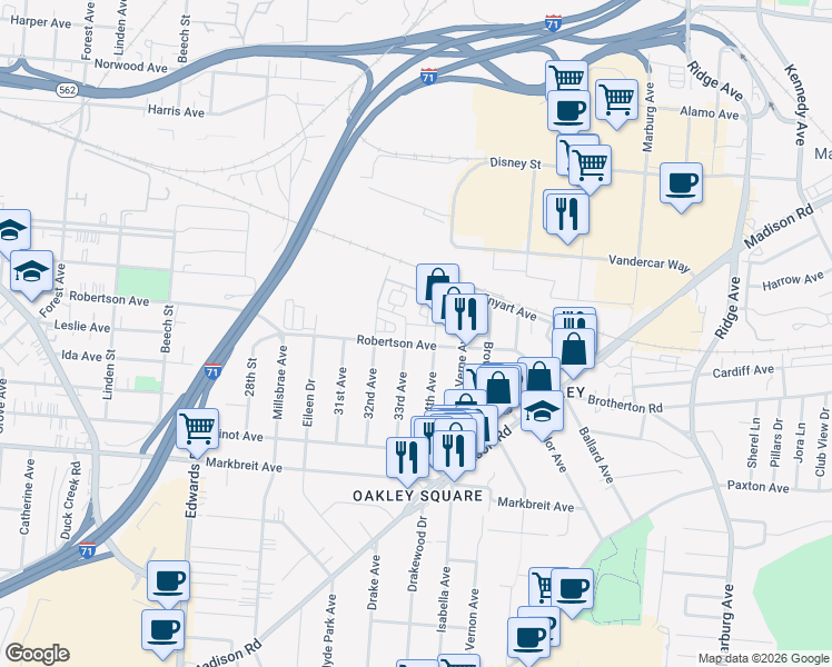 map of restaurants, bars, coffee shops, grocery stores, and more near 2948 Robertson Avenue in Cincinnati