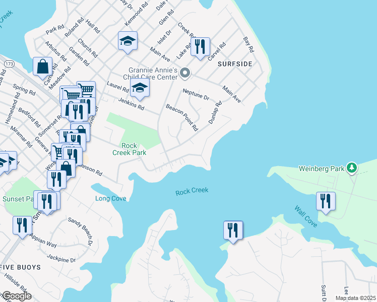 map of restaurants, bars, coffee shops, grocery stores, and more near 217 Bar Harbor Road in Pasadena