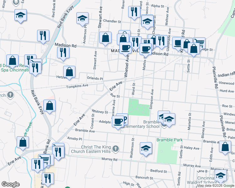 map of restaurants, bars, coffee shops, grocery stores, and more near 4605 Thoburne Street in Cincinnati