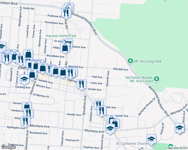 map of restaurants, bars, coffee shops, grocery stores, and more near 3052 Hull Avenue in Cincinnati