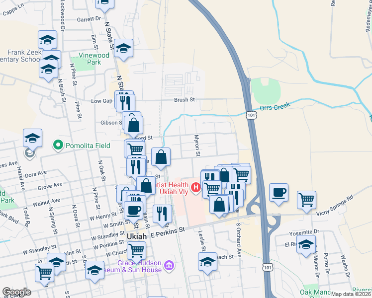 map of restaurants, bars, coffee shops, grocery stores, and more near 620 Joseph Street in Ukiah