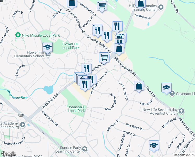 map of restaurants, bars, coffee shops, grocery stores, and more near 18237 Flower Hill Way in Gaithersburg