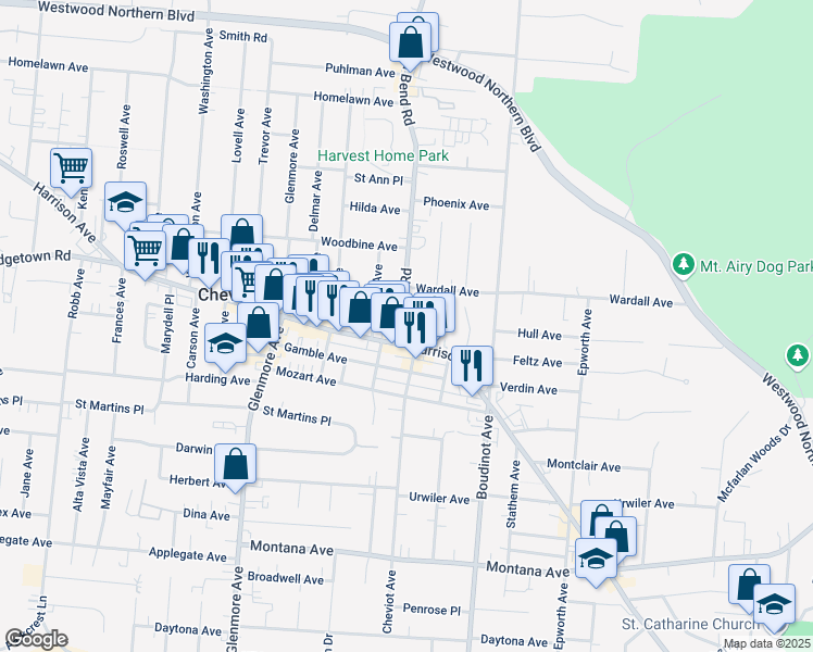 map of restaurants, bars, coffee shops, grocery stores, and more near 3816 North Bend Road in Cincinnati