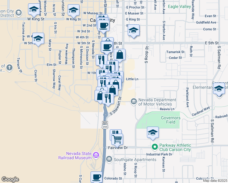 map of restaurants, bars, coffee shops, grocery stores, and more near 1227 South Carson Street in Carson City