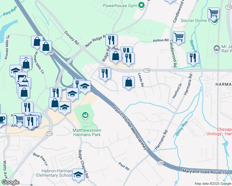 map of restaurants, bars, coffee shops, grocery stores, and more near 1373 Hill Born Court in Hanover