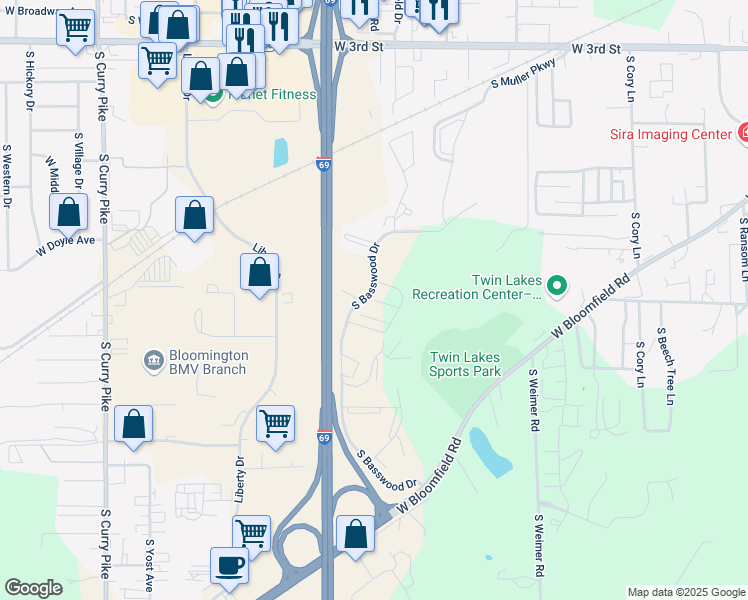 map of restaurants, bars, coffee shops, grocery stores, and more near 2801 West Heartwood Court in Bloomington