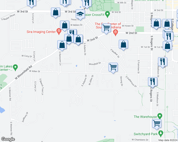 map of restaurants, bars, coffee shops, grocery stores, and more near 920 South Westhill Court in Bloomington