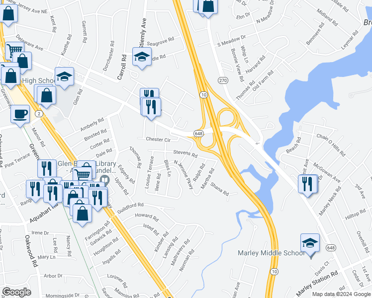 map of restaurants, bars, coffee shops, grocery stores, and more near 28 Stevens Road in Glen Burnie