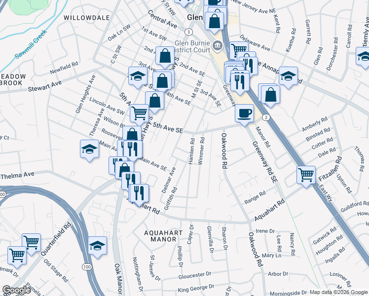 map of restaurants, bars, coffee shops, grocery stores, and more near 202 6th Avenue Southeast in Glen Burnie