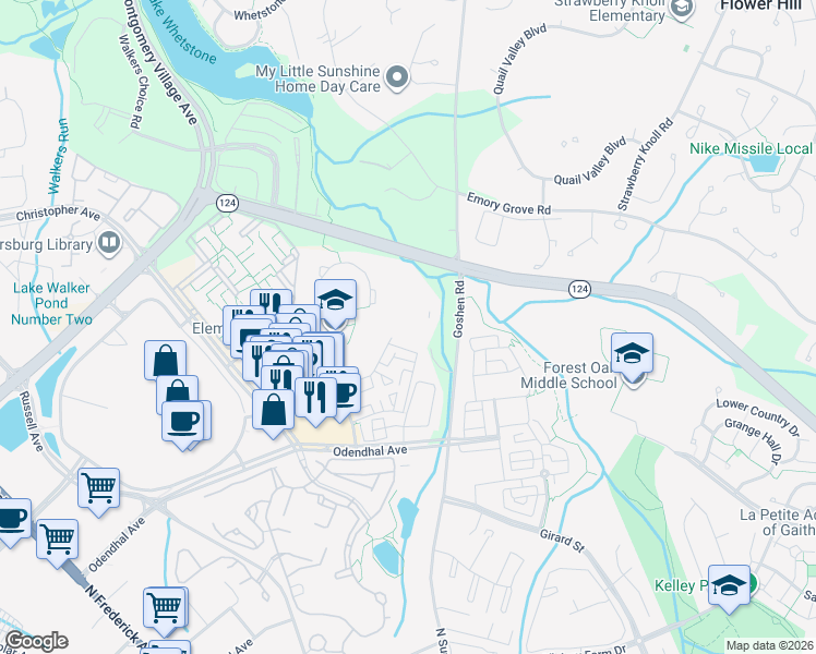 map of restaurants, bars, coffee shops, grocery stores, and more near 9322 Willow Creek Drive in Montgomery Village
