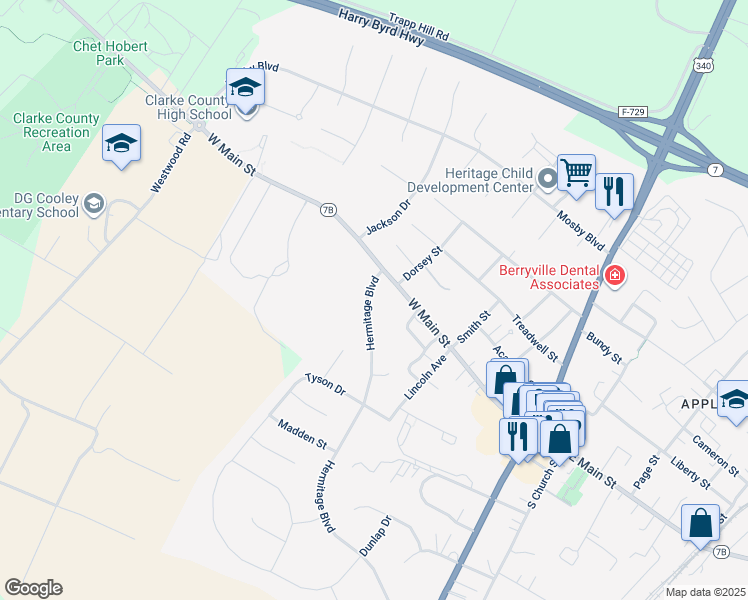 map of restaurants, bars, coffee shops, grocery stores, and more near 108 Hermitage Boulevard in Berryville