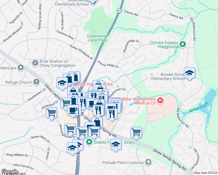 map of restaurants, bars, coffee shops, grocery stores, and more near 18201 Paladin Drive in Olney