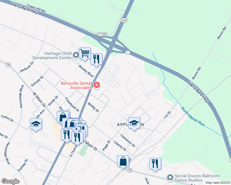 map of restaurants, bars, coffee shops, grocery stores, and more near 5 Pulliam Court in Berryville