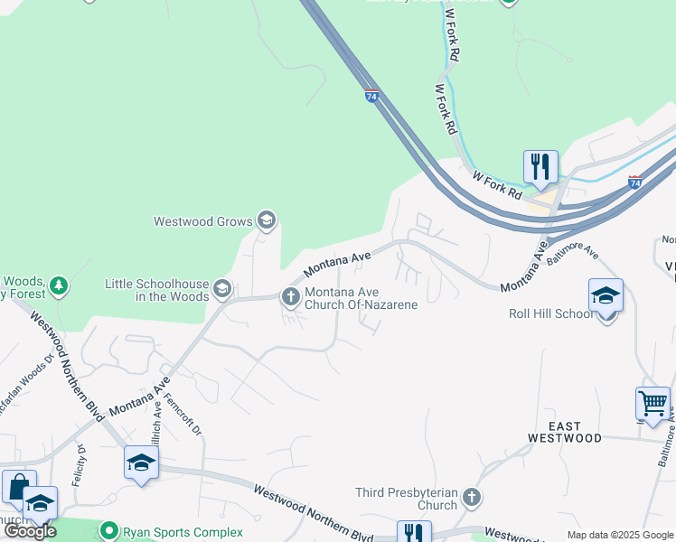 map of restaurants, bars, coffee shops, grocery stores, and more near 2481 Montana Avenue in Cincinnati