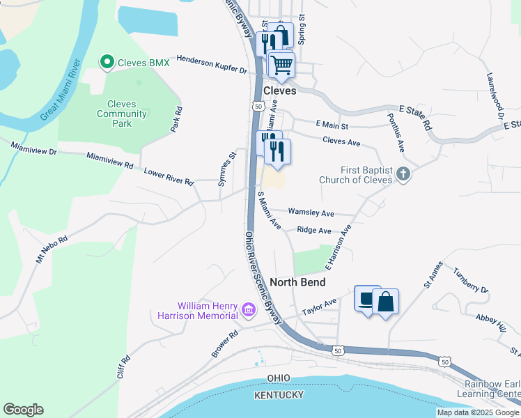 map of restaurants, bars, coffee shops, grocery stores, and more near 401 South Miami Avenue in Cleves