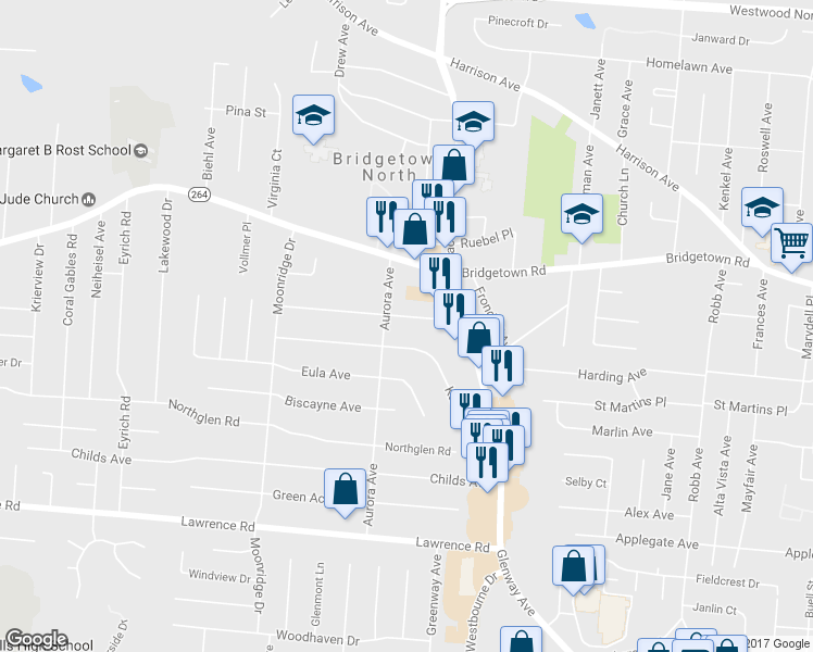 map of restaurants, bars, coffee shops, grocery stores, and more near 5541 Surrey Avenue in Cincinnati