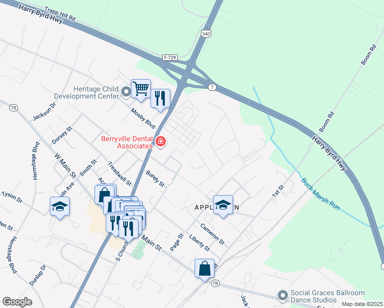 map of restaurants, bars, coffee shops, grocery stores, and more near 5 Pulliam Court in Berryville