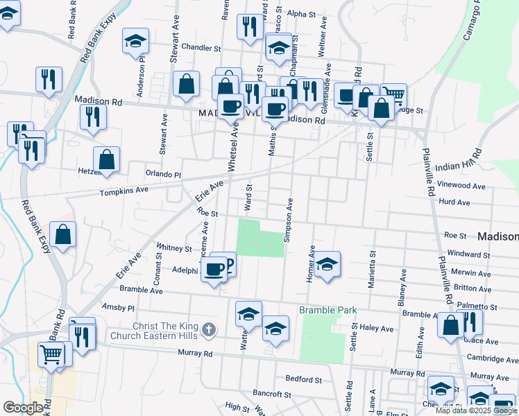 map of restaurants, bars, coffee shops, grocery stores, and more near 6013 Clephane Avenue in Cincinnati