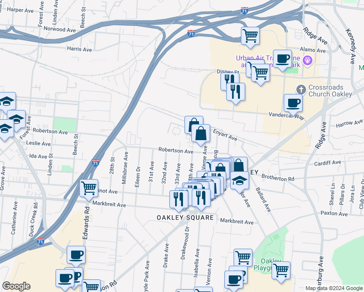 map of restaurants, bars, coffee shops, grocery stores, and more near 2928 Robertson Avenue in Cincinnati
