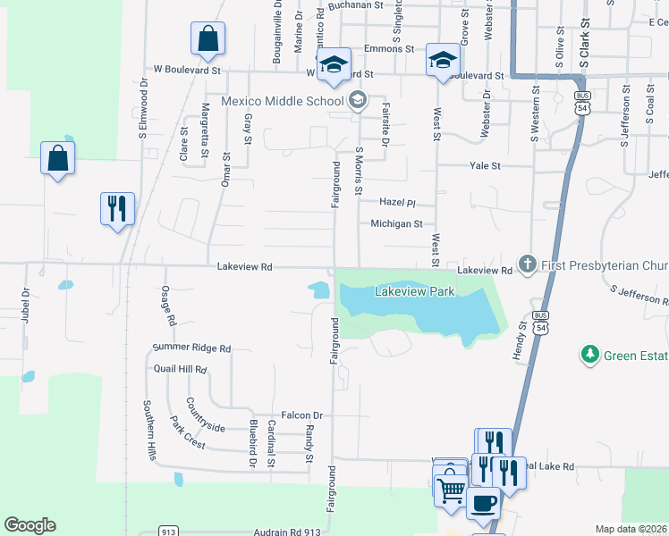 map of restaurants, bars, coffee shops, grocery stores, and more near 1200 Lakeview Road in Mexico