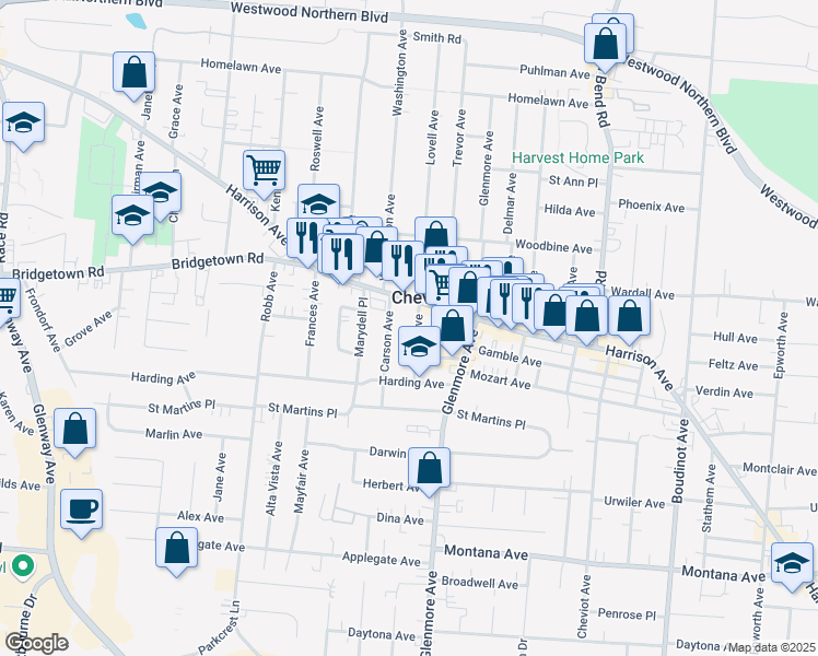 map of restaurants, bars, coffee shops, grocery stores, and more near 3723 Lovell Avenue in Cincinnati
