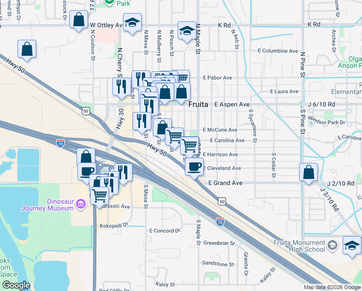 map of restaurants, bars, coffee shops, grocery stores, and more near 239 South Elm Street in Fruita