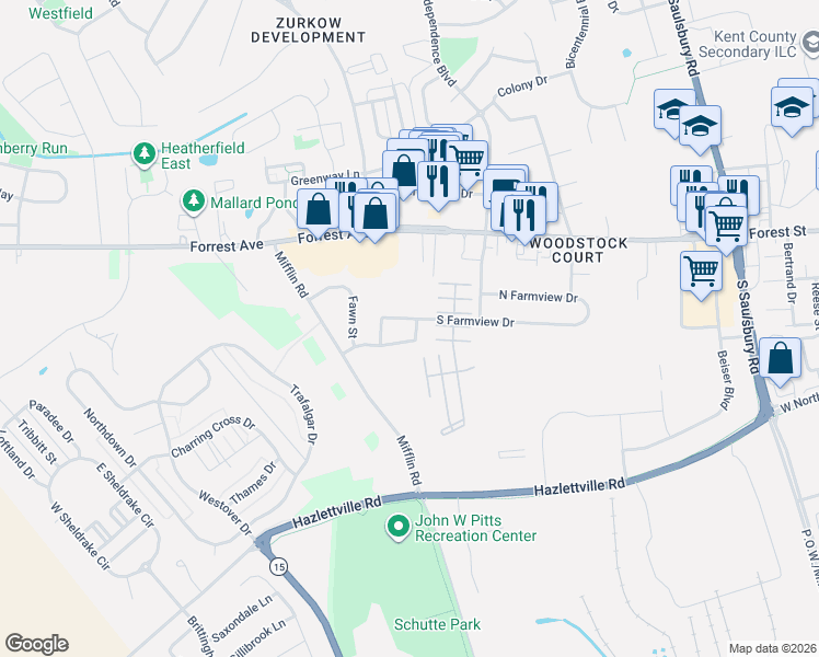 map of restaurants, bars, coffee shops, grocery stores, and more near 1405 Woodmill Drive in Dover