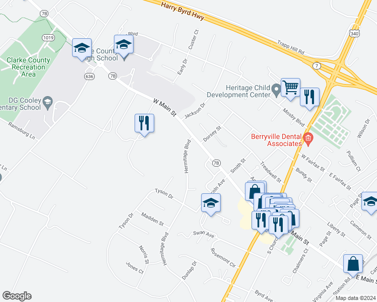 map of restaurants, bars, coffee shops, grocery stores, and more near 108 Hermitage Boulevard in Berryville