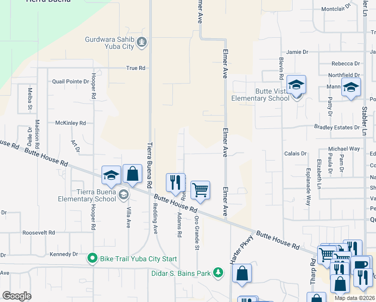 map of restaurants, bars, coffee shops, grocery stores, and more near 2323 Long Street in Yuba City