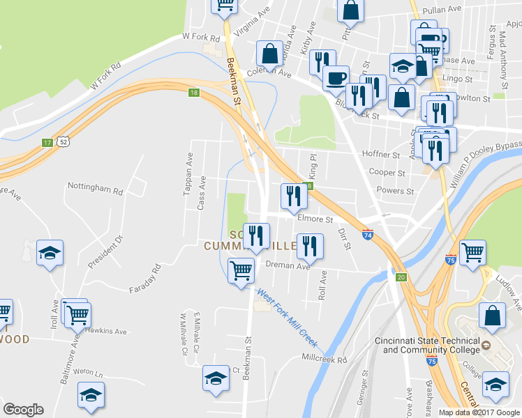 map of restaurants, bars, coffee shops, grocery stores, and more near 1900 Elmore St in Cincinnati