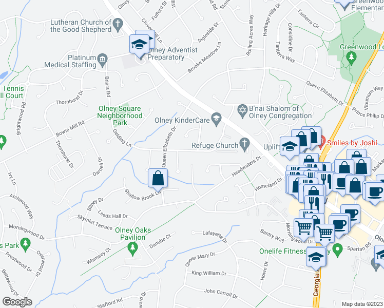 map of restaurants, bars, coffee shops, grocery stores, and more near 3904 Gelding Lane in Olney