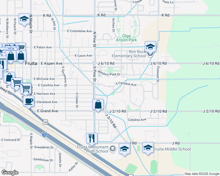 map of restaurants, bars, coffee shops, grocery stores, and more near 1154 East Carolina Avenue in Fruita