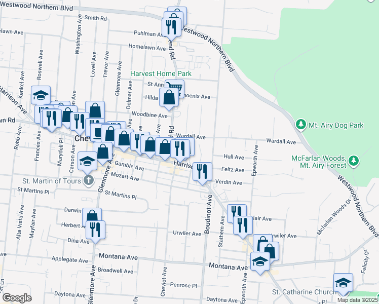 map of restaurants, bars, coffee shops, grocery stores, and more near 3814 Meyerfeld Avenue in Cincinnati
