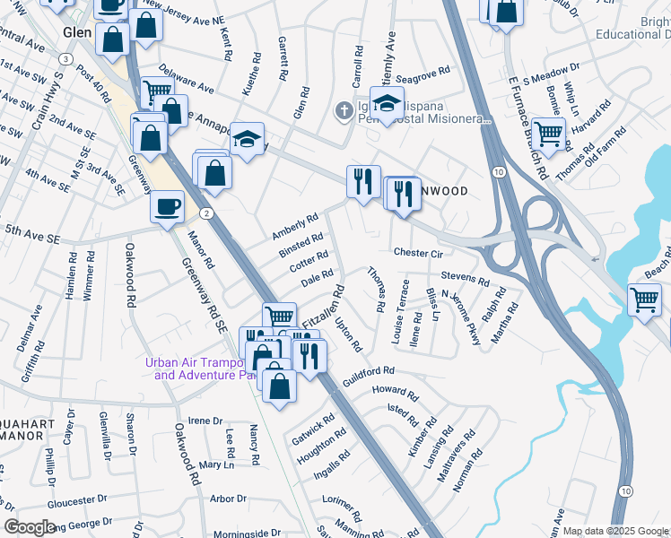 map of restaurants, bars, coffee shops, grocery stores, and more near 824 Dale Road in Glen Burnie