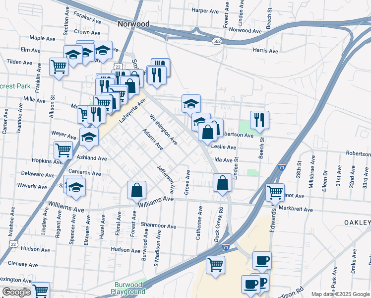 map of restaurants, bars, coffee shops, grocery stores, and more near 2320 Washington Avenue in Cincinnati