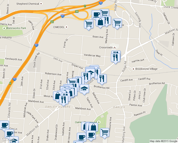 map of restaurants, bars, coffee shops, grocery stores, and more near 3225 Oakley Station Boulevard in Cincinnati
