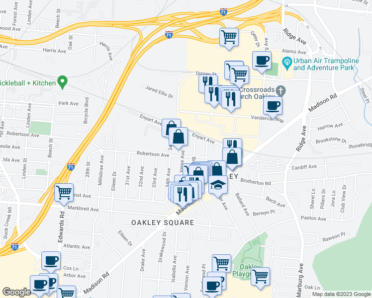 map of restaurants, bars, coffee shops, grocery stores, and more near 4409 Verne Avenue in Cincinnati
