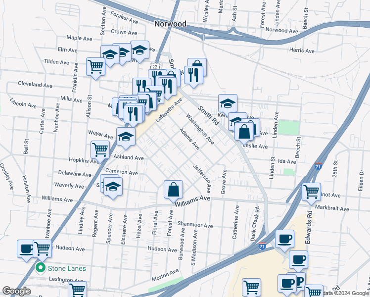 map of restaurants, bars, coffee shops, grocery stores, and more near 2270 Jefferson Avenue in Norwood