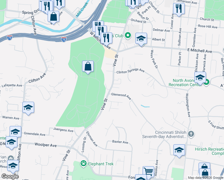 map of restaurants, bars, coffee shops, grocery stores, and more near 3856 Vine Street in Cincinnati