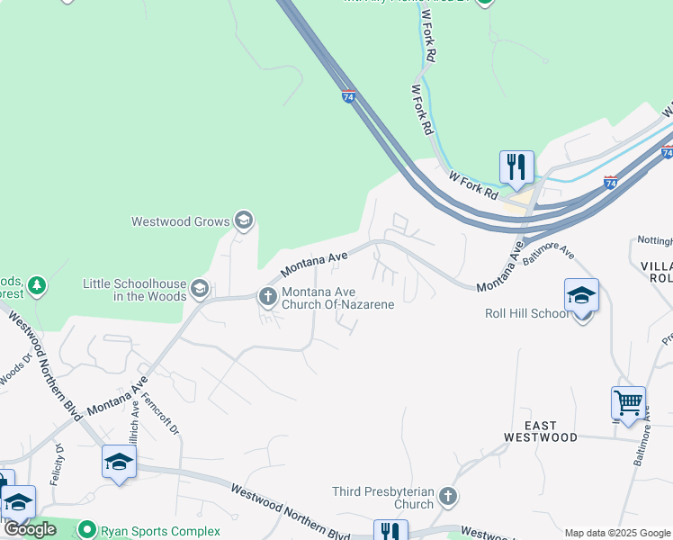 map of restaurants, bars, coffee shops, grocery stores, and more near 2455 Montana Avenue in Cincinnati