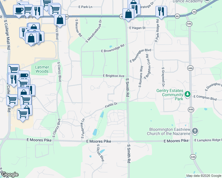 map of restaurants, bars, coffee shops, grocery stores, and more near 990 South Baldwin Drive in Bloomington