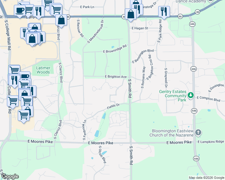 map of restaurants, bars, coffee shops, grocery stores, and more near 990 South Baldwin Drive in Bloomington