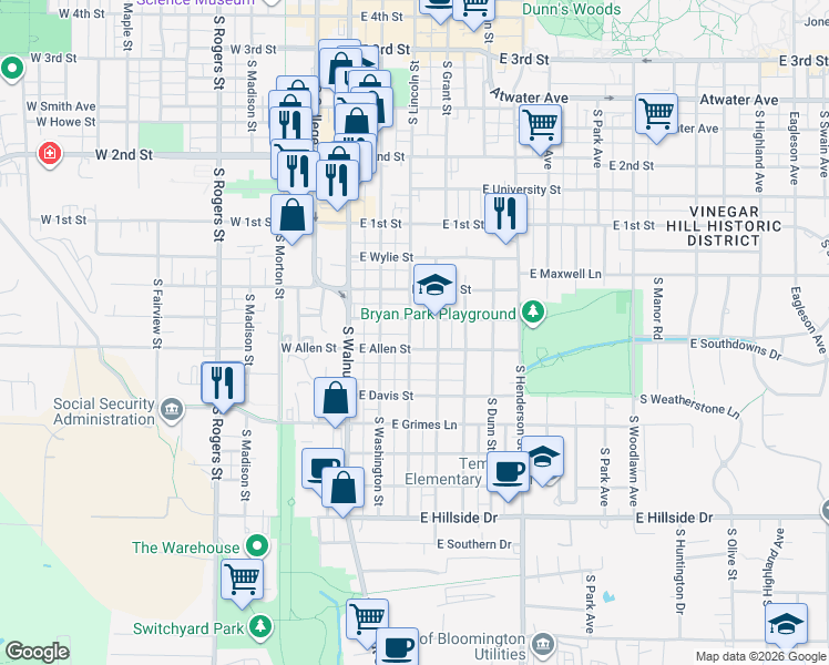 map of restaurants, bars, coffee shops, grocery stores, and more near 910 South Grant Street in Bloomington