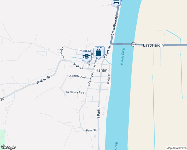 map of restaurants, bars, coffee shops, grocery stores, and more near 201 South County Road in Hardin