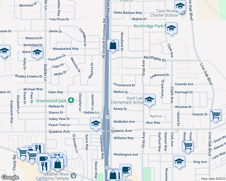 map of restaurants, bars, coffee shops, grocery stores, and more near 1299 Melton Drive in Yuba City