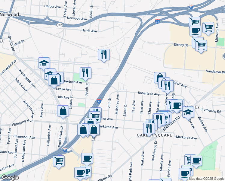 map of restaurants, bars, coffee shops, grocery stores, and more near 2783 Duck Creek Road in Cincinnati