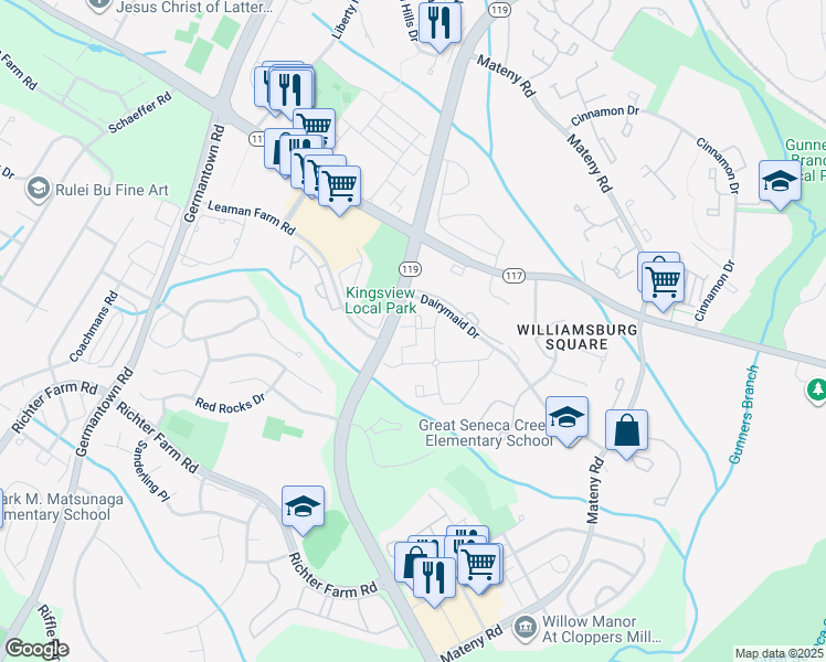 map of restaurants, bars, coffee shops, grocery stores, and more near 18226 Swiss Circle in Germantown