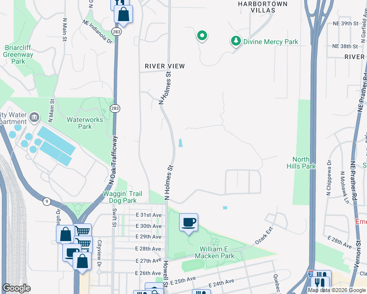 map of restaurants, bars, coffee shops, grocery stores, and more near 3451 North Holmes Street in Kansas City