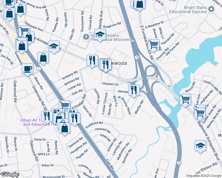map of restaurants, bars, coffee shops, grocery stores, and more near 14 Stevens Road in Glen Burnie